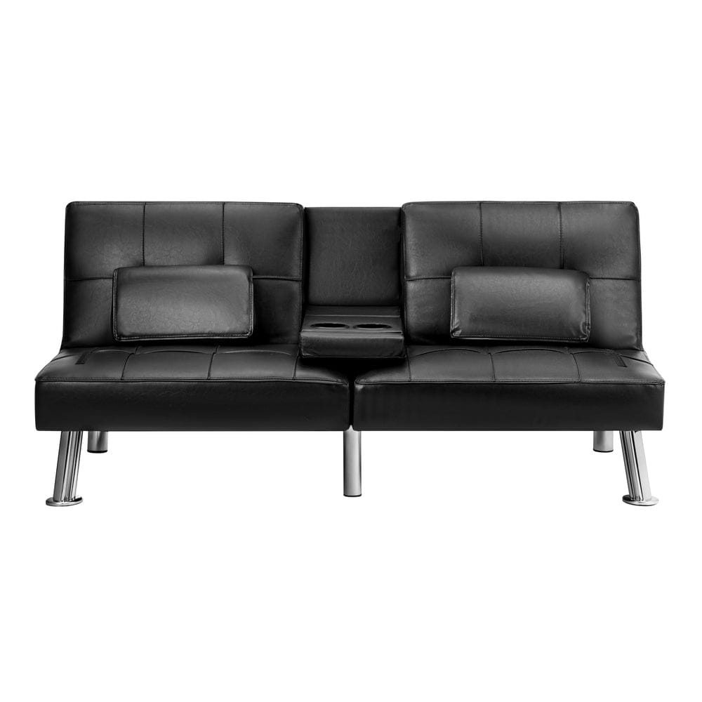 Oikiture Sofa SEPPI 3-Seater Sofa Bed with Cup Holders Black Leather
