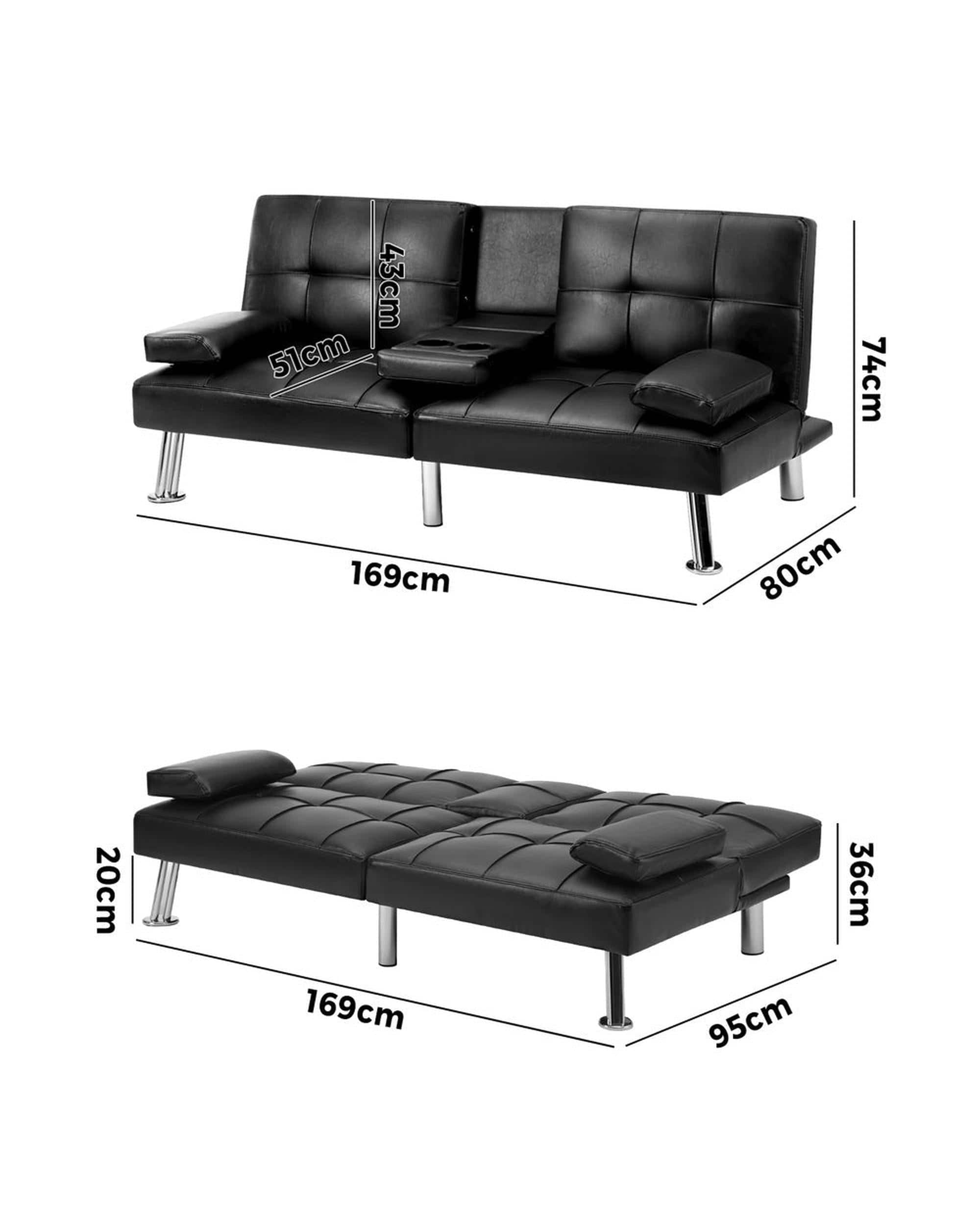 Oikiture Sofa SEPPI 3-Seater Sofa Bed with Cup Holders Black Leather