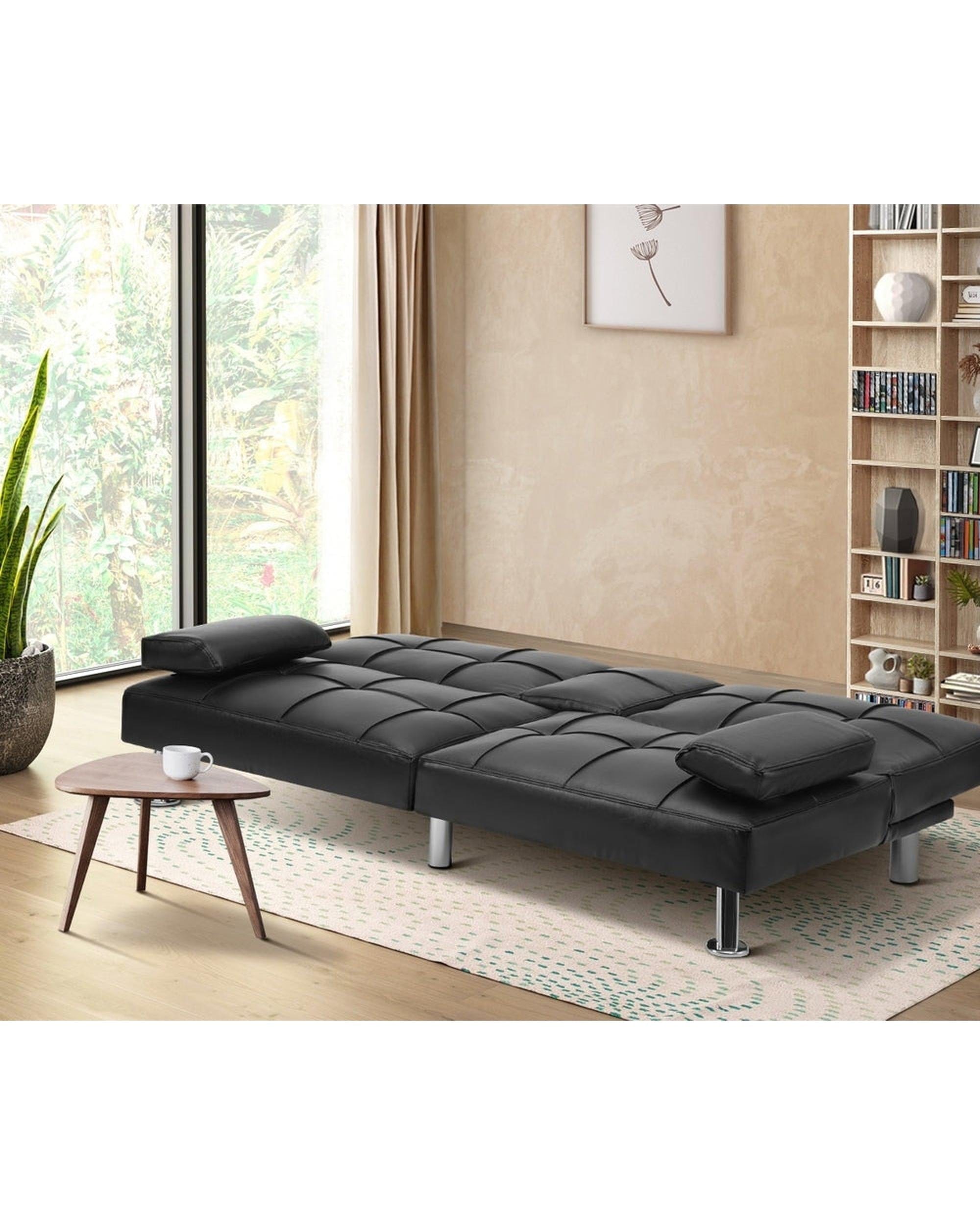 Oikiture Sofa SEPPI 3-Seater Sofa Bed with Cup Holders Black Leather