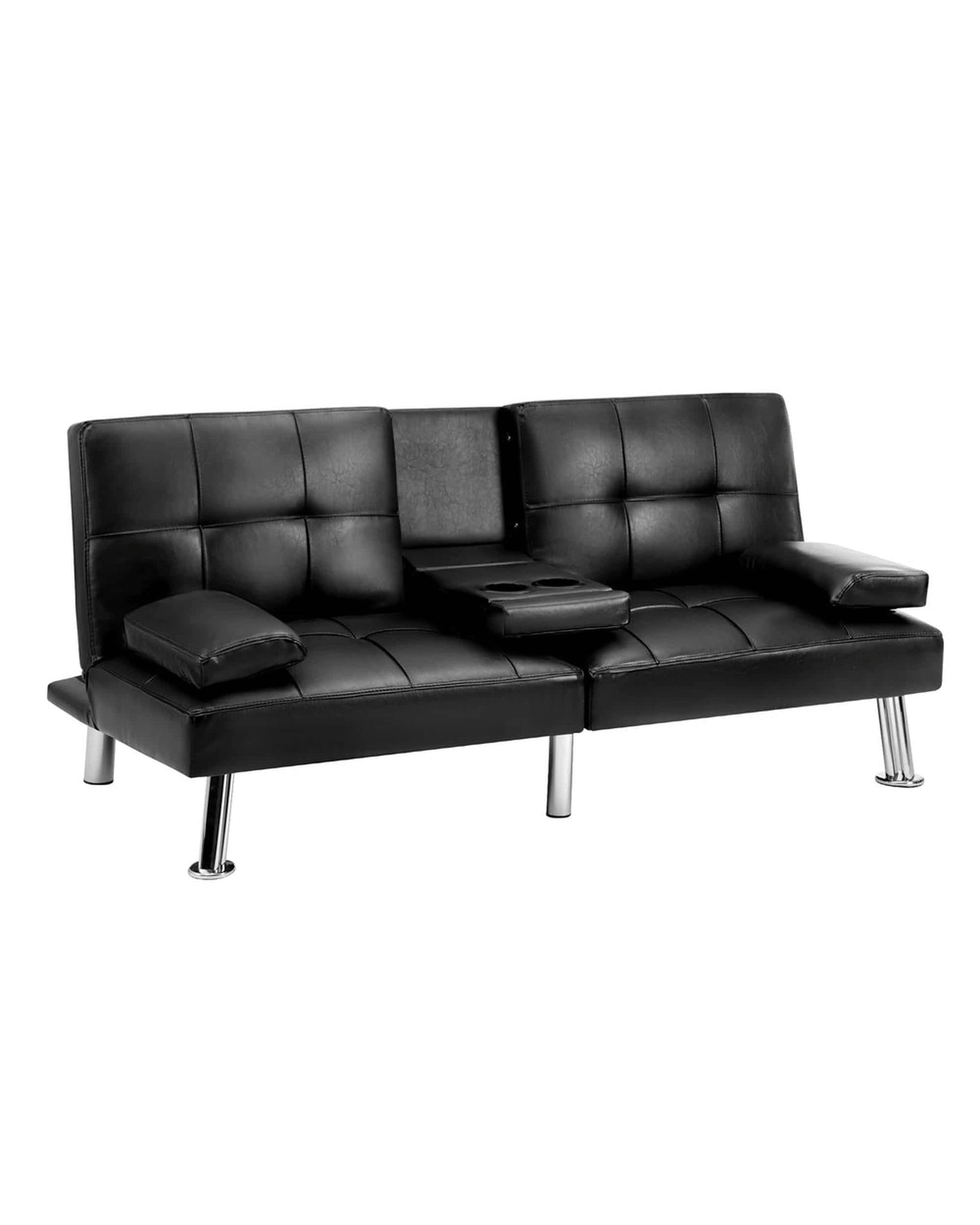 Oikiture Sofa SEPPI 3-Seater Sofa Bed with Cup Holders Black Leather