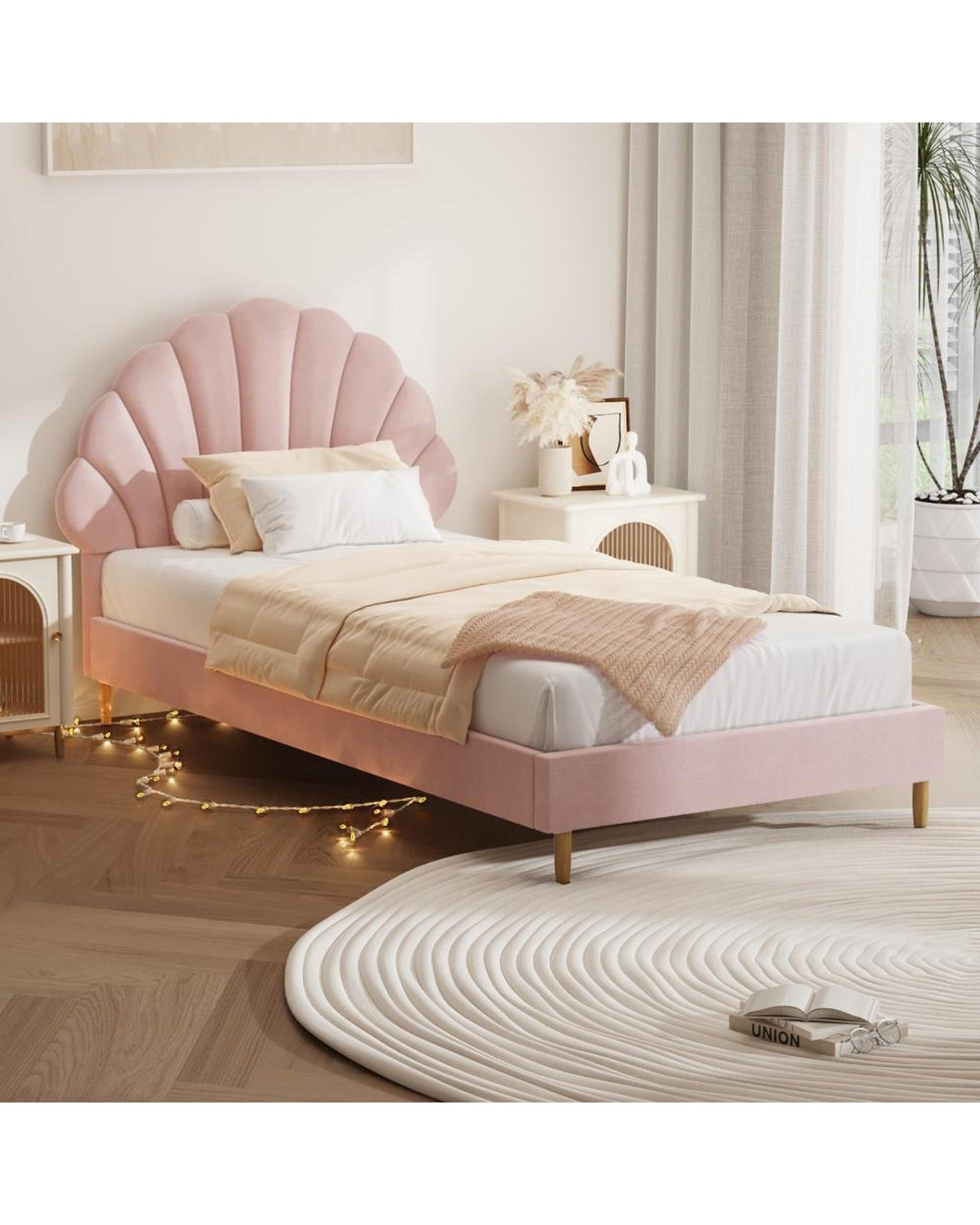 Oikiture Bedframe SHELLY Frame Scallop-Shape Bedhead Pink Velvet