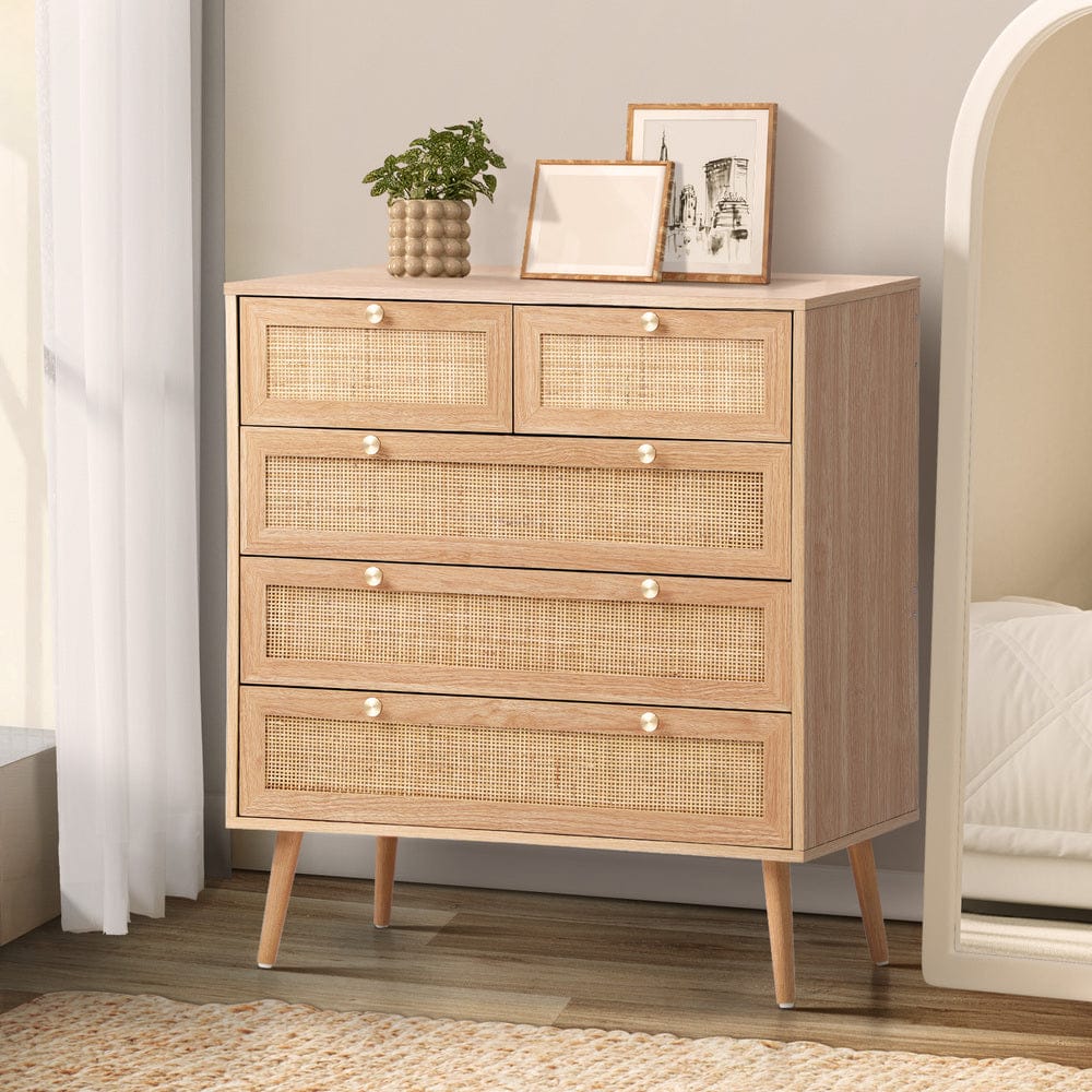 Oikiture Chest of Drawers SKUFFER 5 Chest of Drawers Dresser Tallboy Rattan