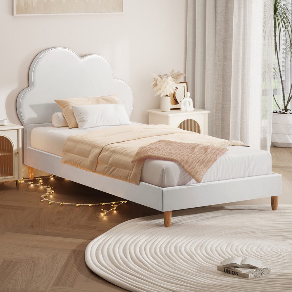 Oikiture Bedframe SKY Bed Frame Single Size Kids Bed Frame White Leather