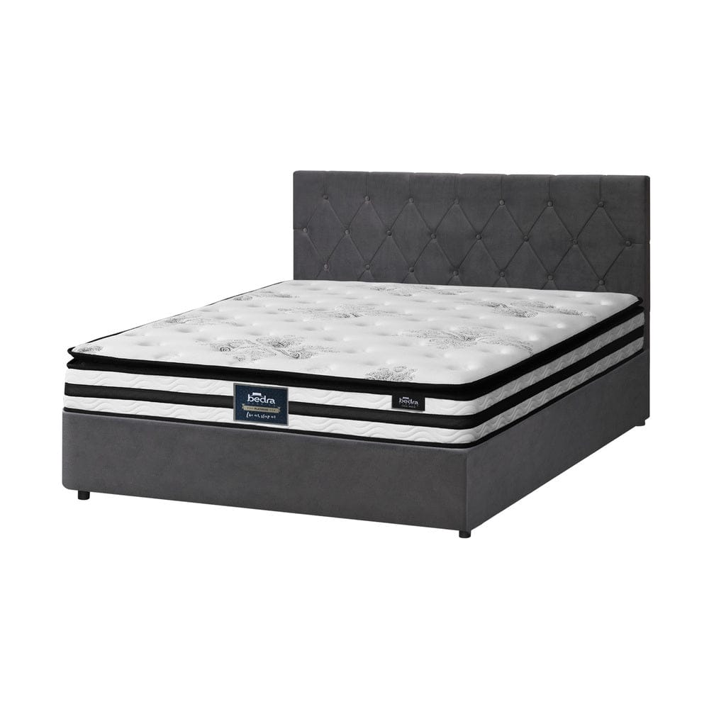 Oikiture Bedframe SMITH Bed Frame Gas Lift with Mattress White Leather