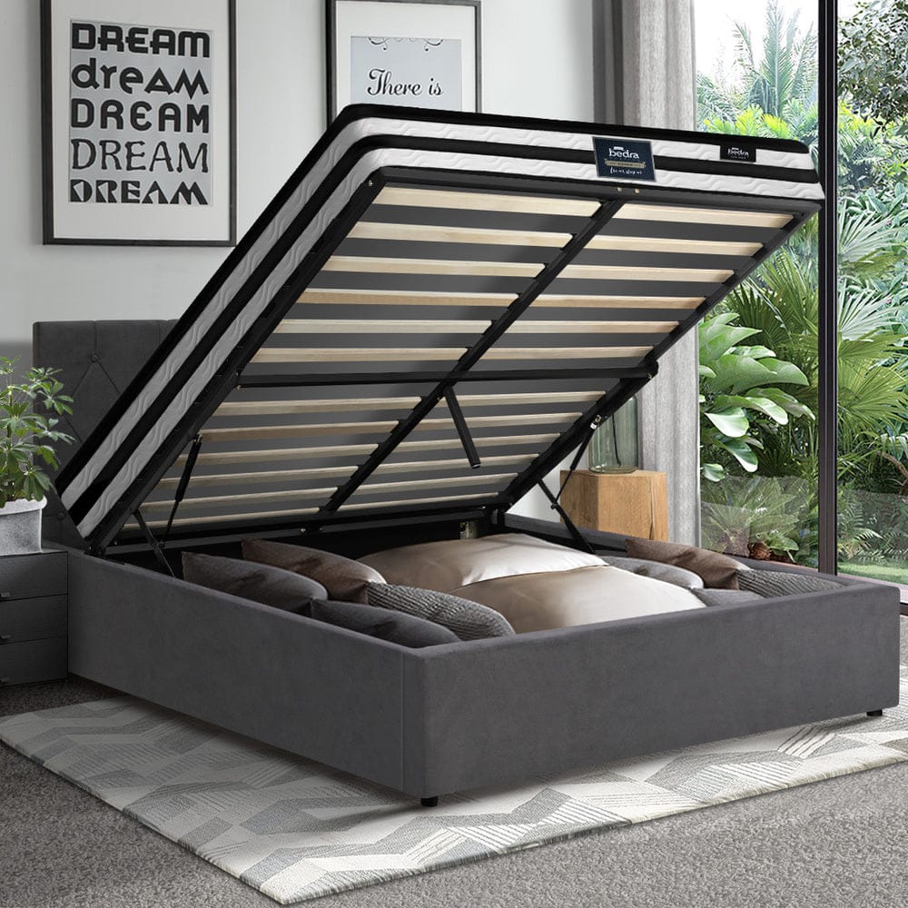 Oikiture Bedframe SMITH Bed Frame Gas Lift with Mattress White Leather