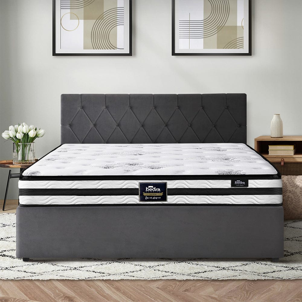 Oikiture Bedframe SMITH Bed Frame Gas Lift with Mattress White Leather