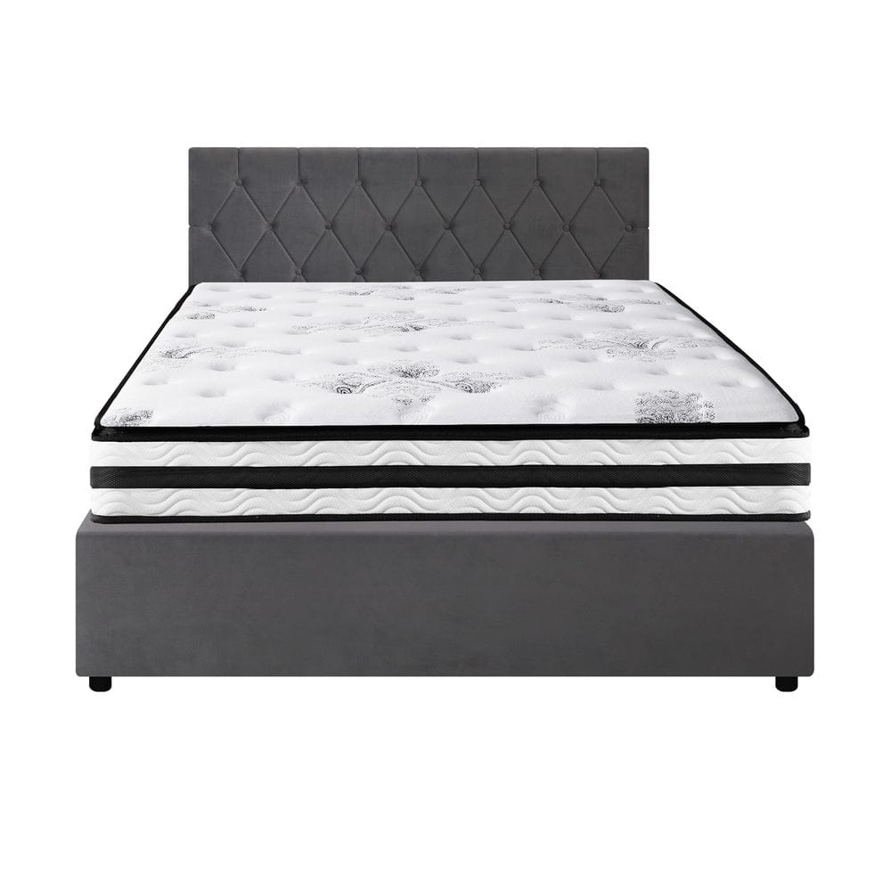 Oikiture Bedframe SMITH Bed Frame Gas Lift with Mattress White Leather