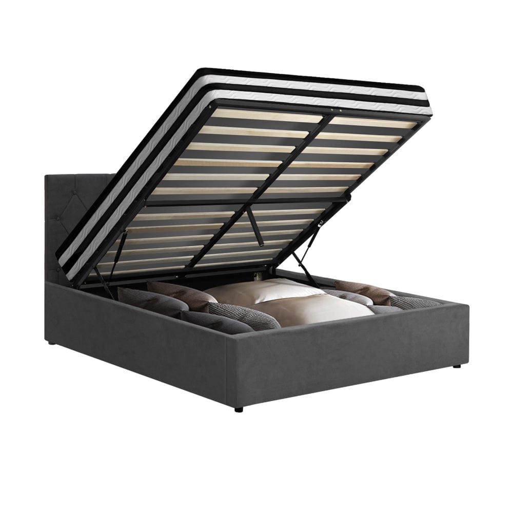 Oikiture Bedframe SMITH Bed Frame Gas Lift with Mattress White Leather