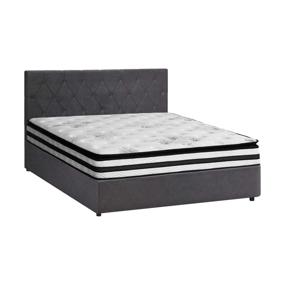 Oikiture Bedframe SMITH Bed Frame Gas Lift with Mattress White Leather