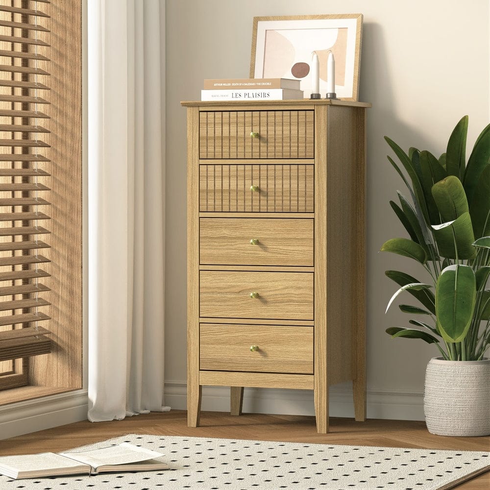 Oikiture Chest of Drawers SONYA 5 Chest of Drawers Dresser Tallboy Storage Cabinet Natural