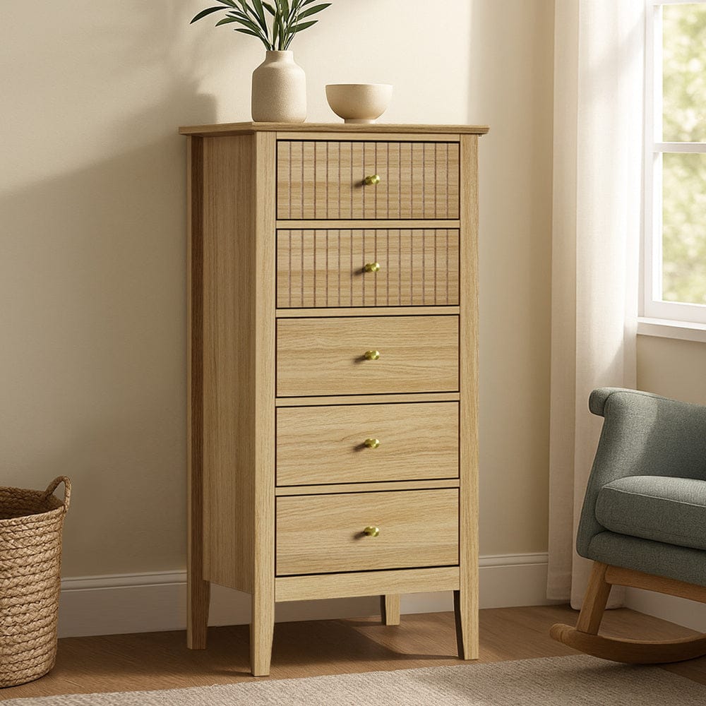Oikiture Chest of Drawers SONYA 5 Chest of Drawers Dresser Tallboy Storage Cabinet Natural