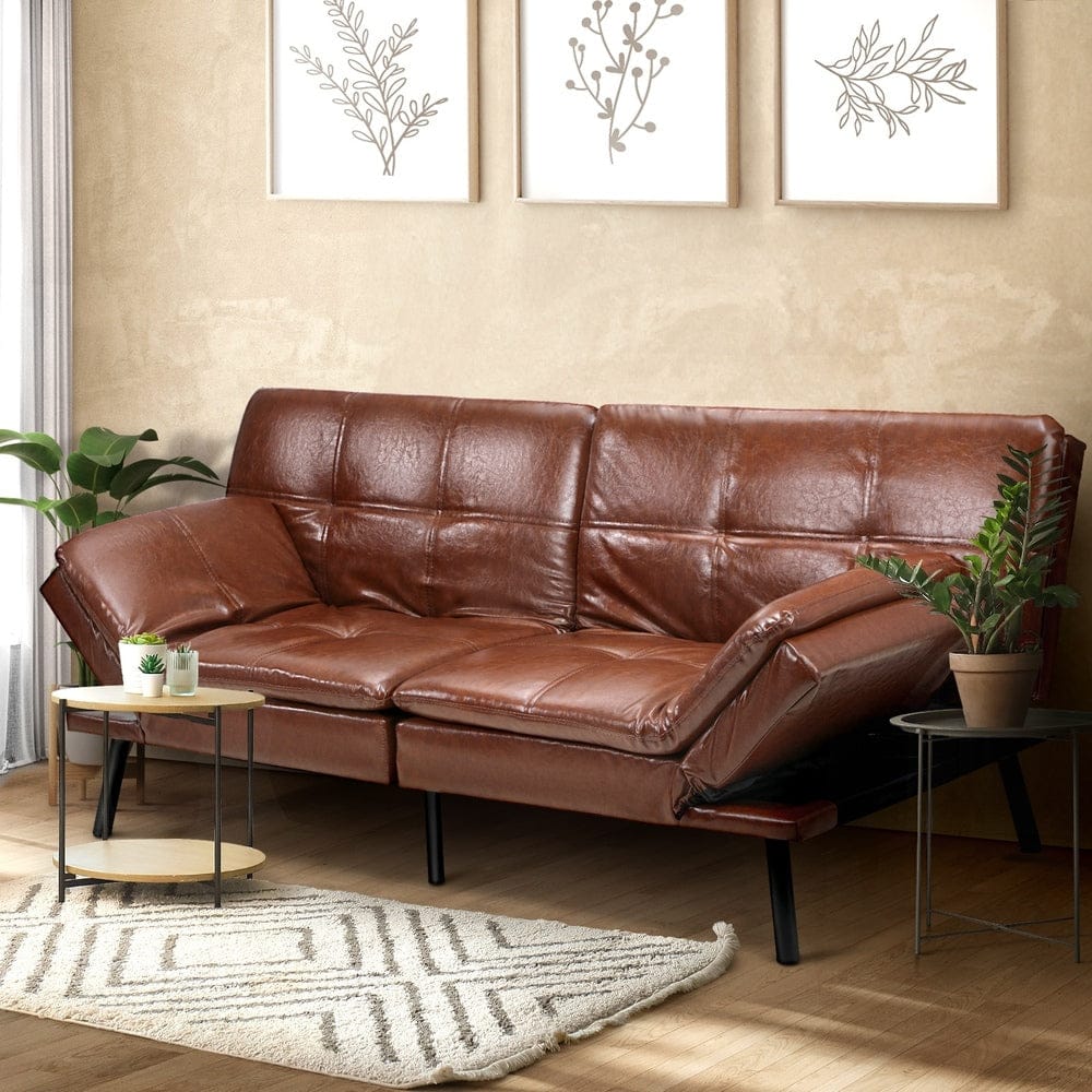 Oikiture Sofa SONYA Sofa Bed 3-Seater Convertible Leather Brown