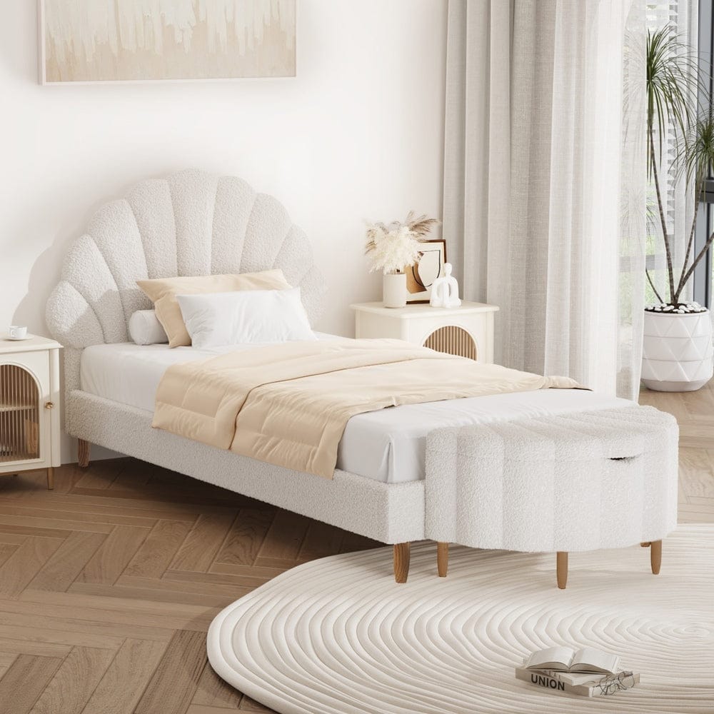 Oikiture Bedframe SPACE Boucle Bed Frame with Ottoman Set Scallop Shaped Sherpa Bedhead Single