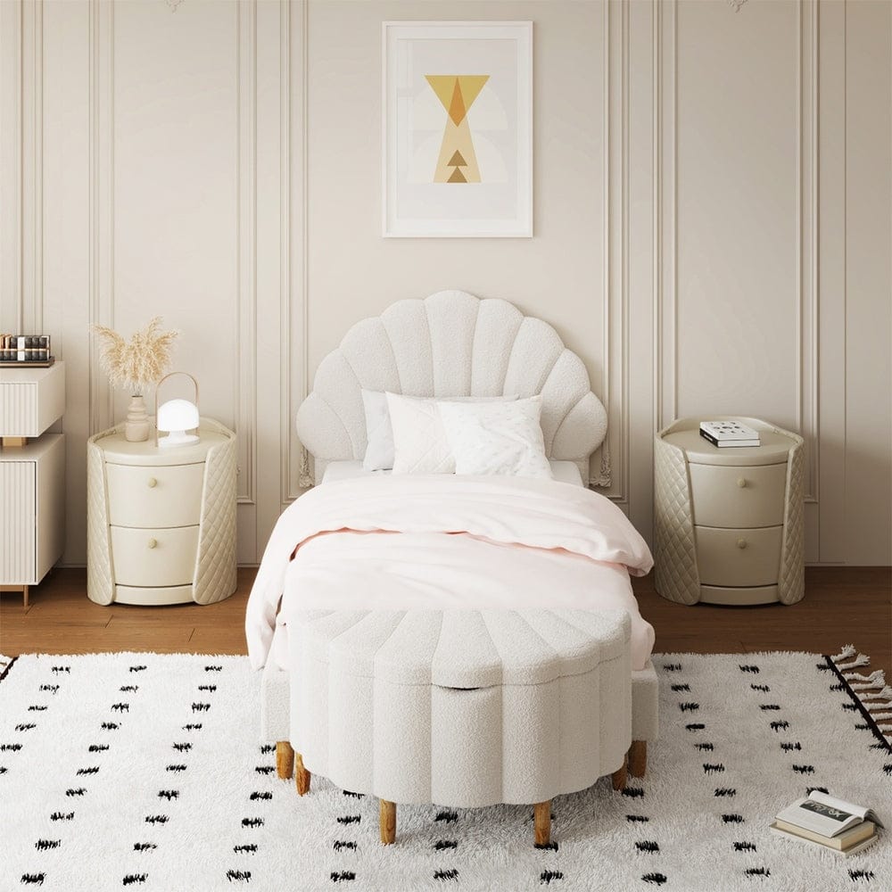 Oikiture Bedframe SPACE Boucle Bed Frame with Ottoman Set Scallop Shaped Sherpa Bedhead Single