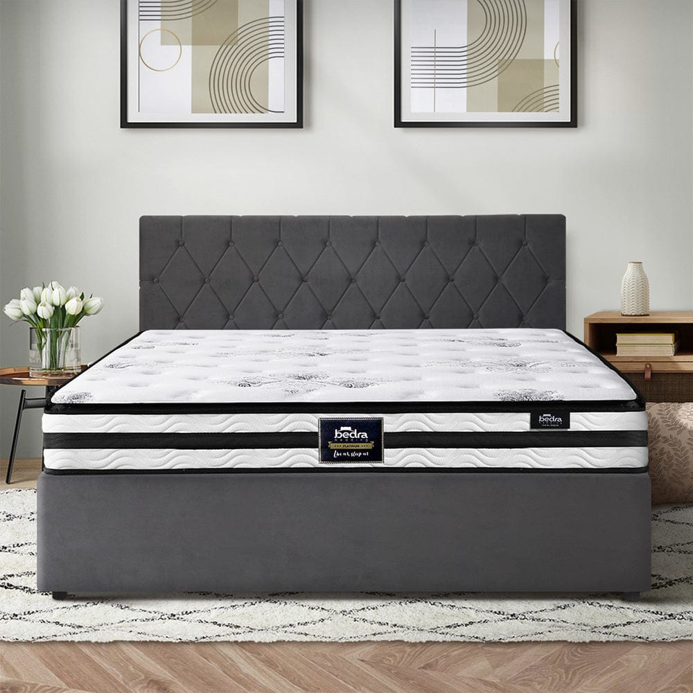 Oikiture Bedframe STAR Bed Frame Gas Lift Base with Mattress Velvet Grey