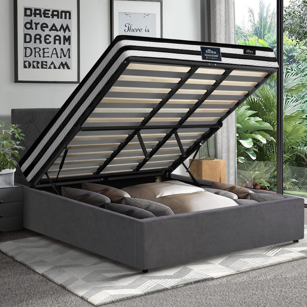 Oikiture Bedframe STAR Bed Frame Gas Lift Base with Mattress Velvet Grey