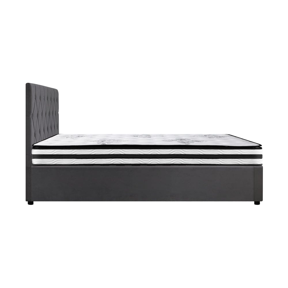 Oikiture Bedframe STAR Bed Frame Gas Lift Base with Mattress Velvet Grey