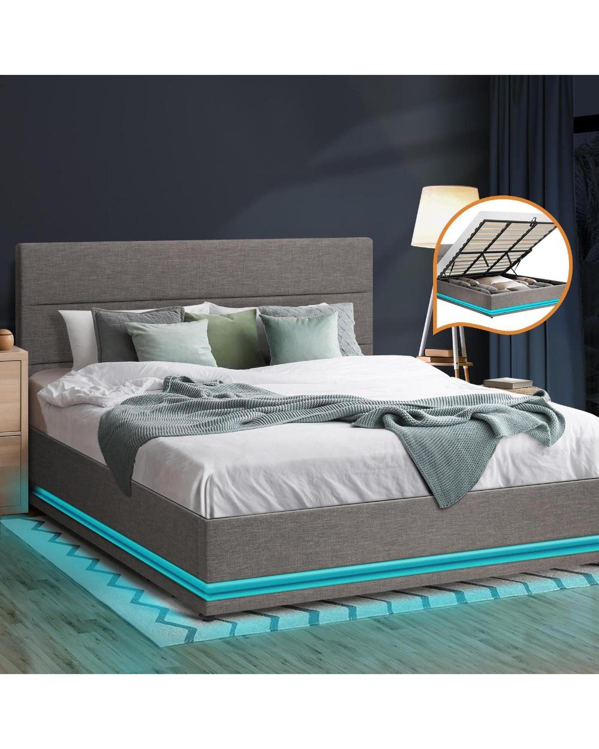 Oikiture Bedframe Thomas Bed Frame Bed Frame LED Mattress Base with Gas Lift and Storage Space Grey