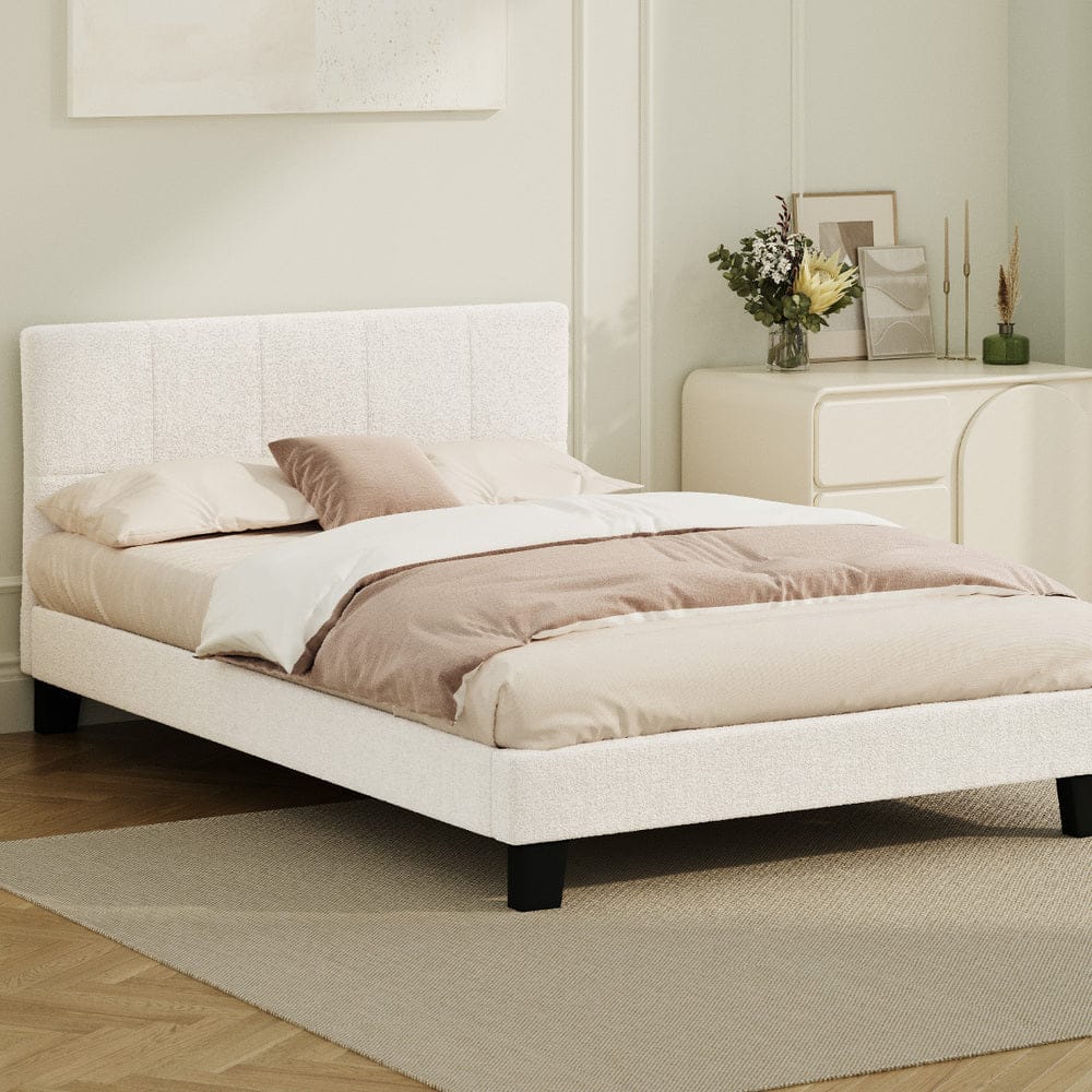 Oikiture Bedframe TOFU Bed Frame Base White Boucle