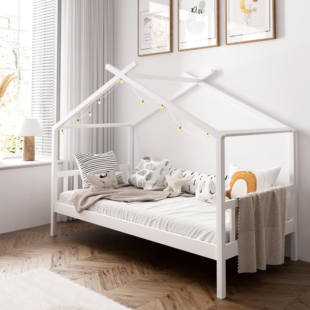 Oikiture Bedframe TOMI Bed Frame Wooden Kids Timber House Beds White - SINGLE