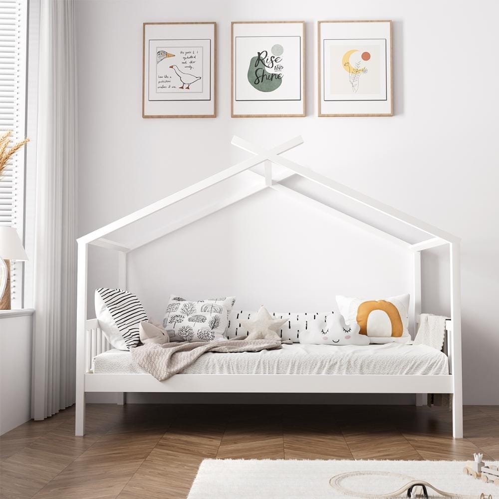 Oikiture Bedframe TOMI Bed Frame Wooden Kids Timber House Beds White - SINGLE