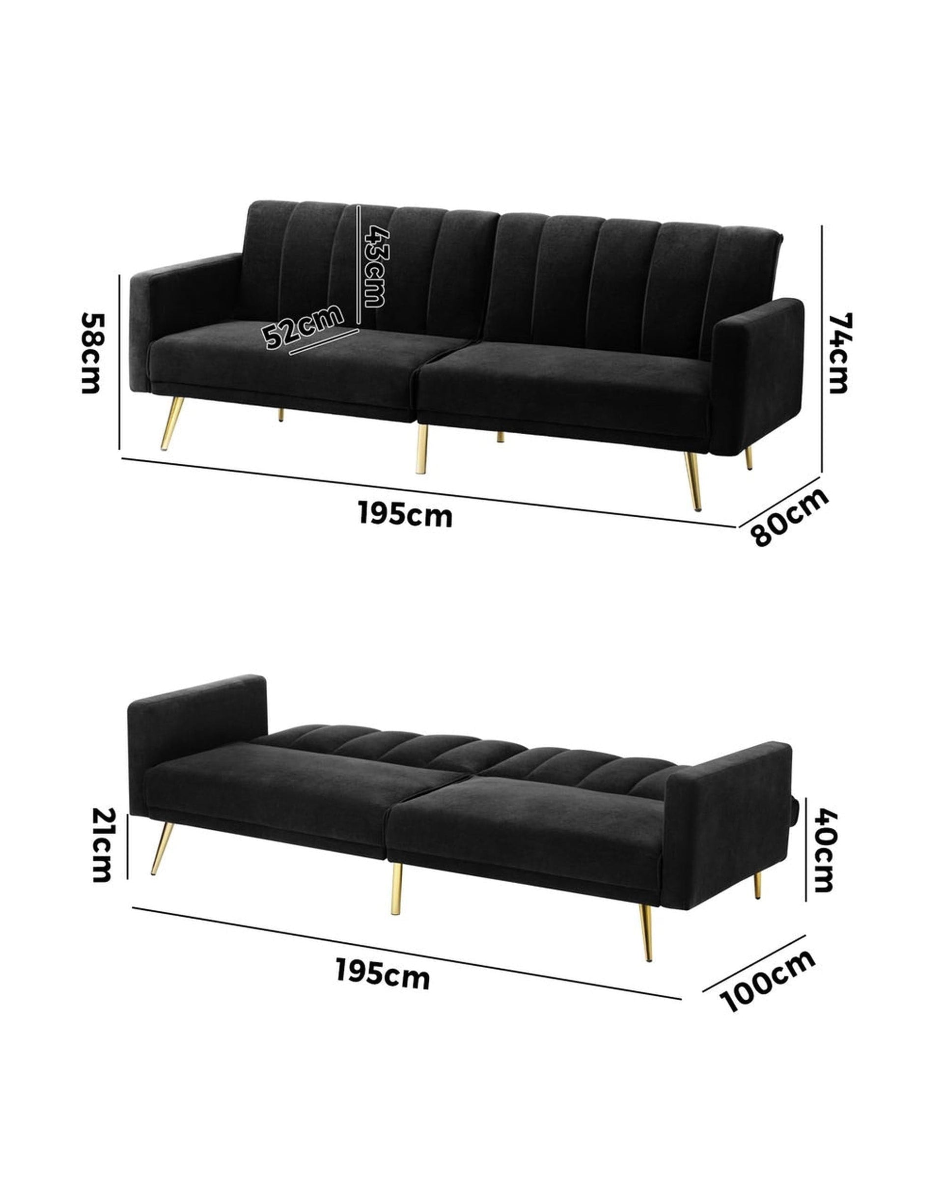 Oikiture Sofa TRI 3-Seater Sofa Bed Velvet Black