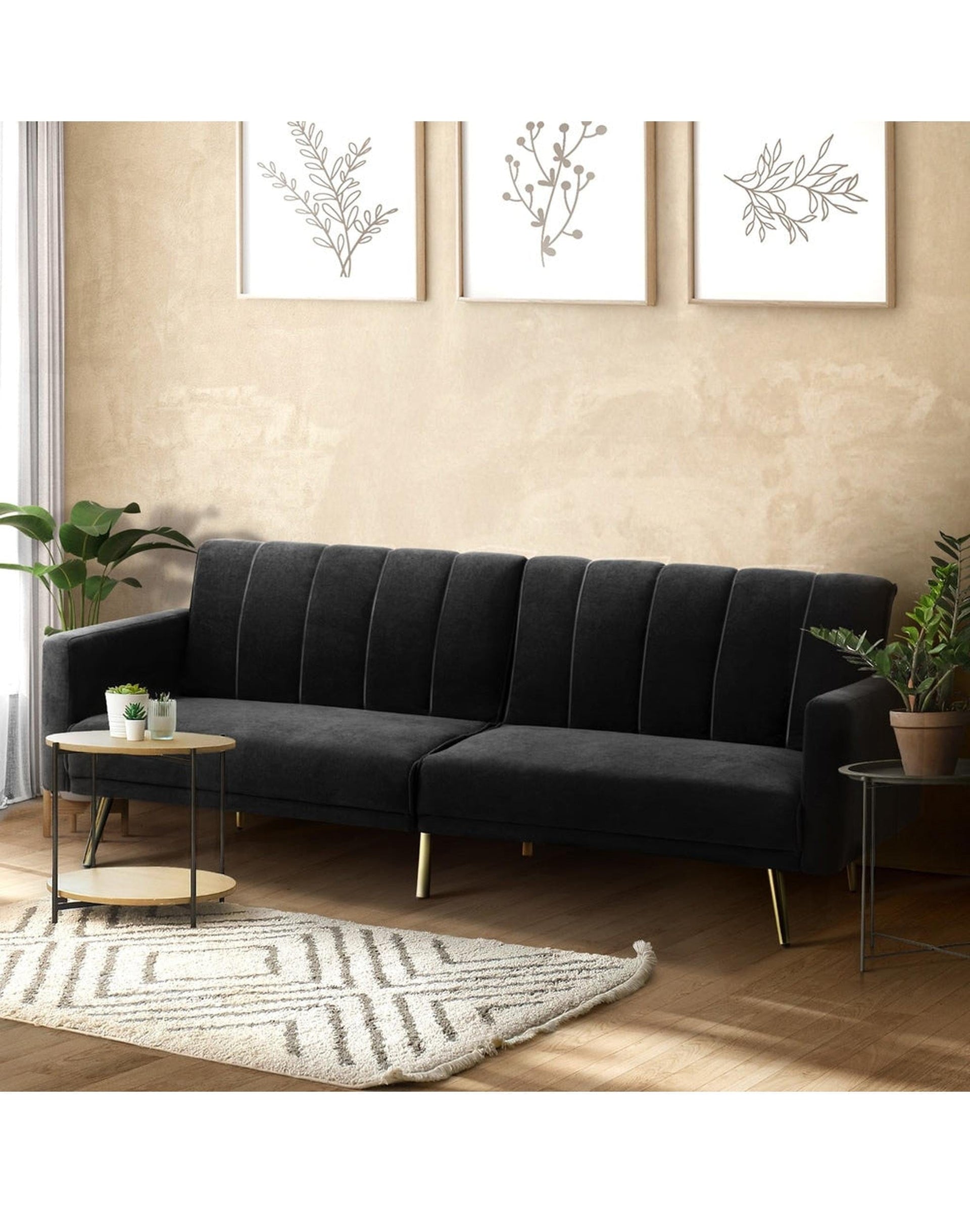 Oikiture Sofa TRI 3-Seater Sofa Bed Velvet Black