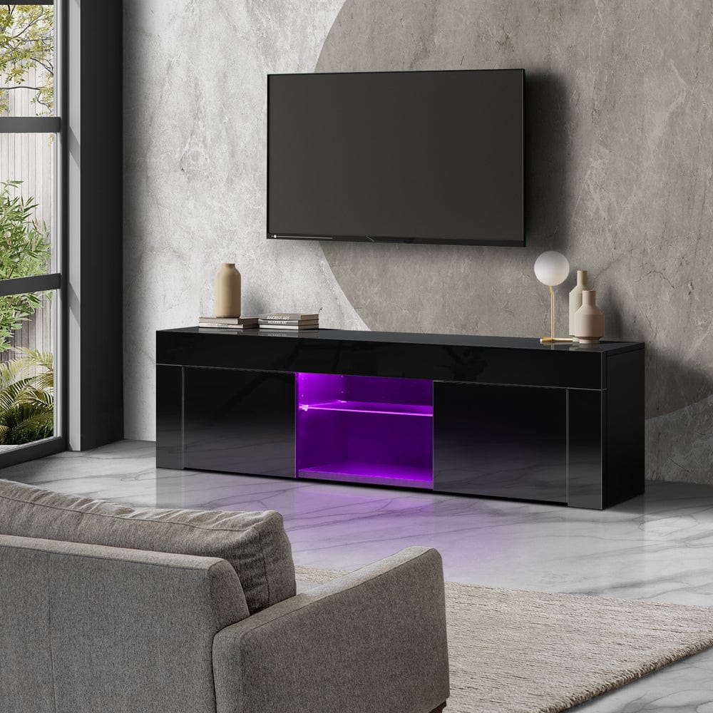 Oikiture TV Unit TV Stand Cabinet Entertainment Unit RGB LED Gloss 130cm Black