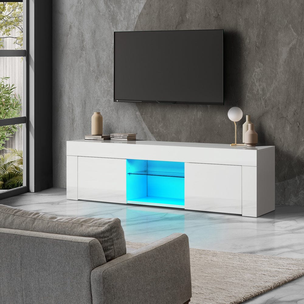 Oikiture TV Unit TV Stand Cabinet Entertainment Unit RGB LED Gloss 130cm White