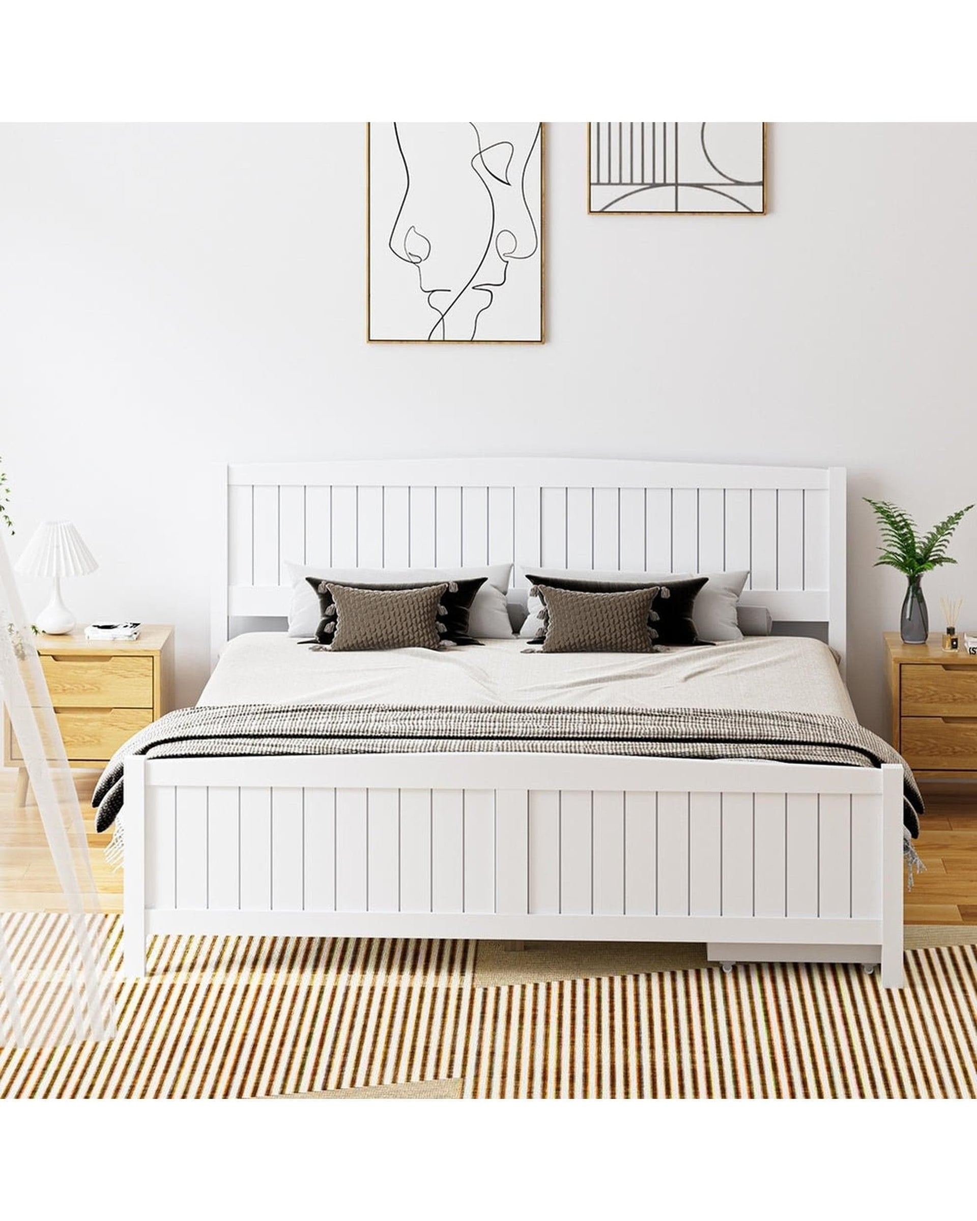 Oikiture Bedframe VALT Wooden Bed Frame with Trundle Drawers White