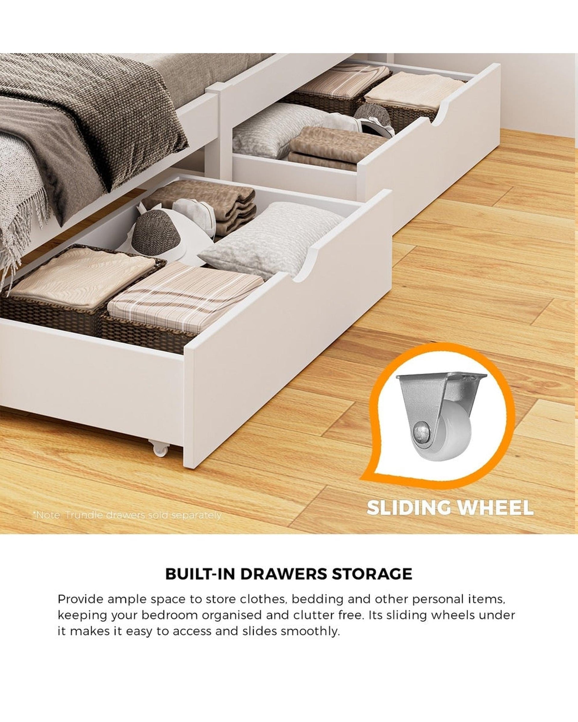 Oikiture Bedframe VALT Wooden Bed Frame with Trundle Drawers White