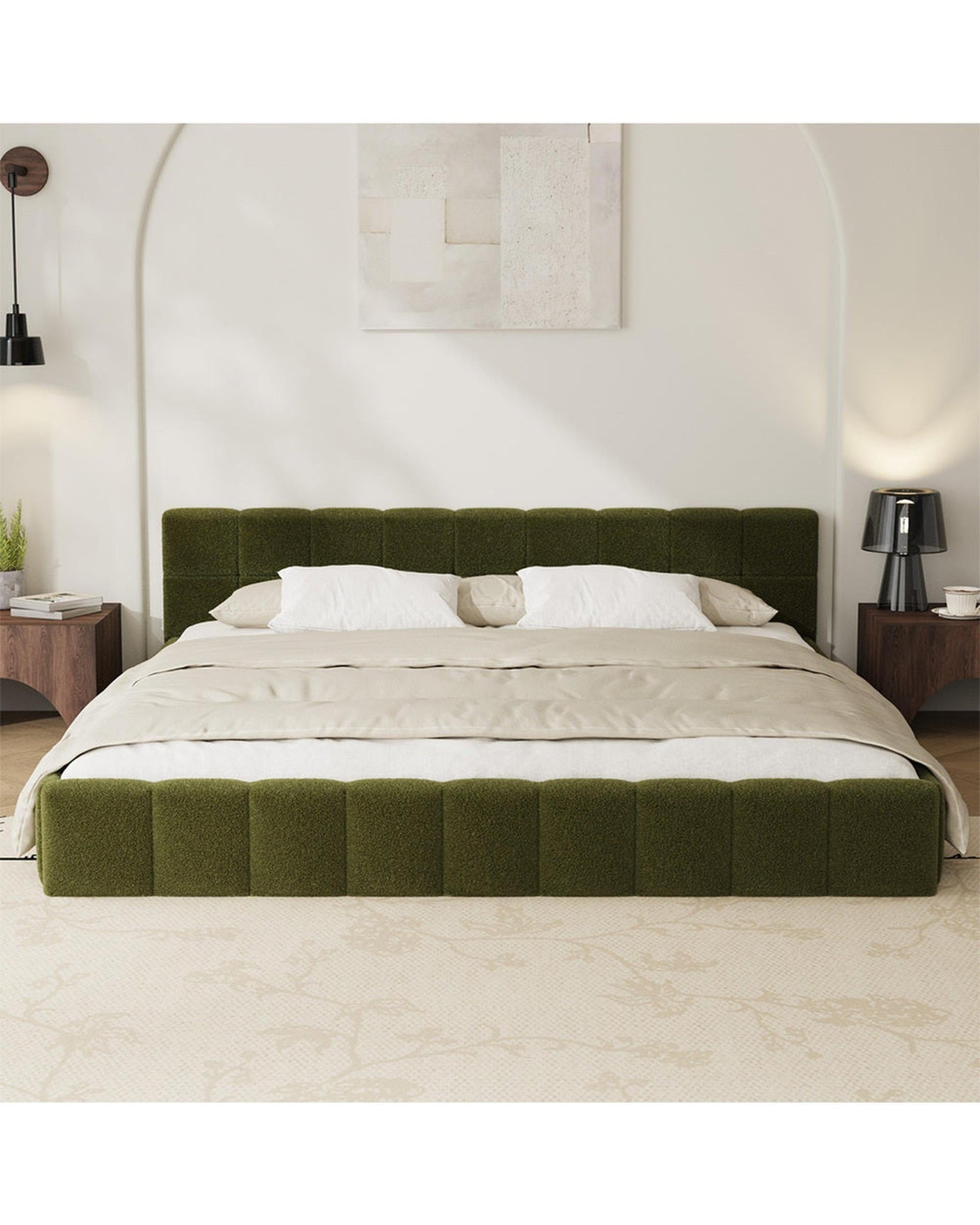 Oikiture Bedframe VERDE Bed Frame Tufted Headboard Green Boucle