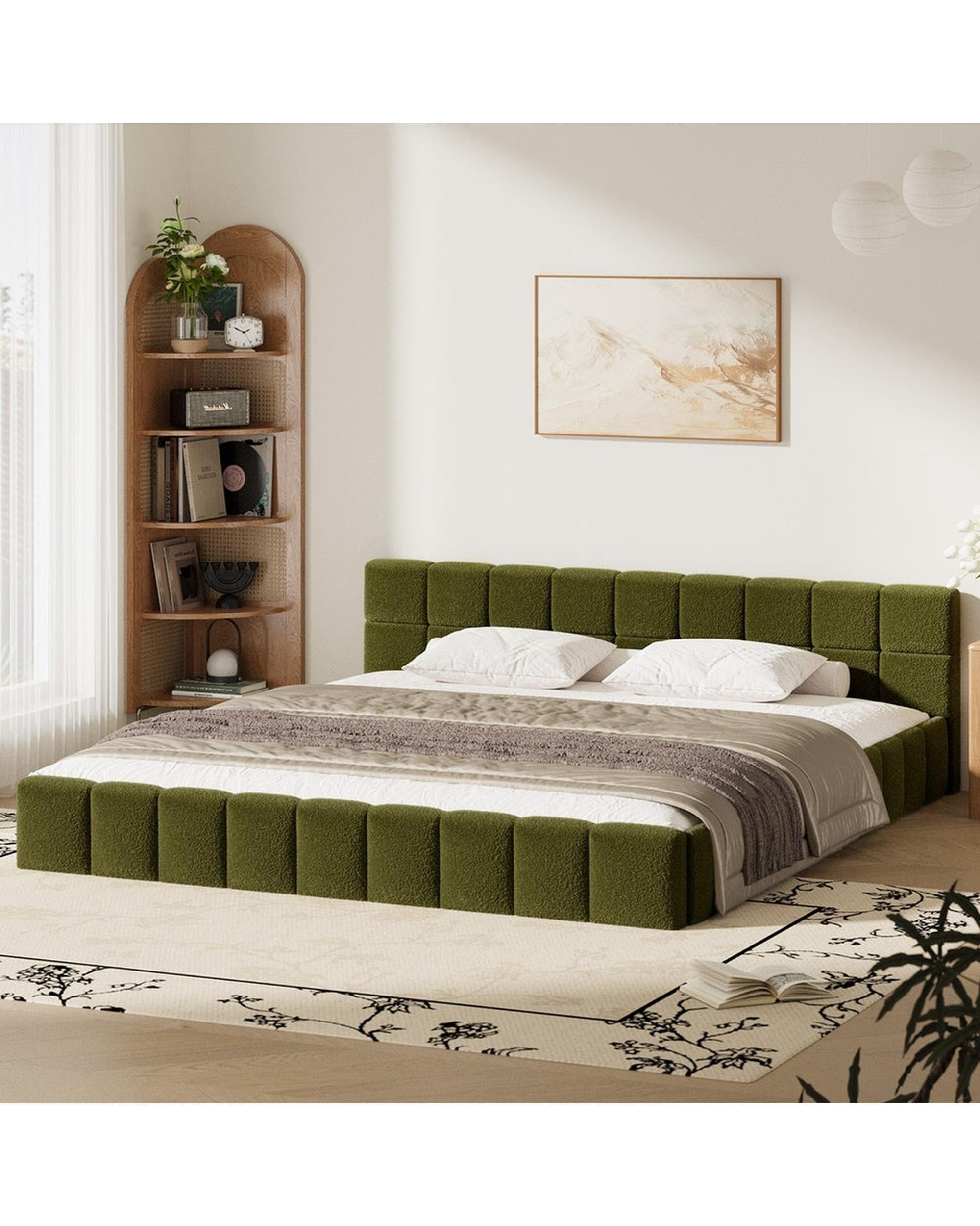 Oikiture Bedframe VERDE Bed Frame Tufted Headboard Green Boucle
