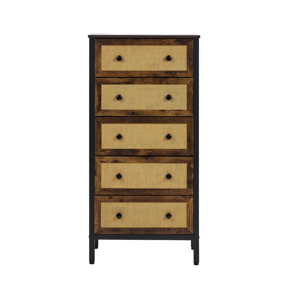 Oikiture Chest of Drawers VID 5 Chest of Drawers Rattan Fabric Dresser Tallboy