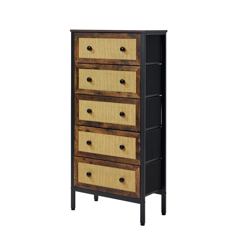 Oikiture Chest of Drawers VID 5 Chest of Drawers Rattan Fabric Dresser Tallboy