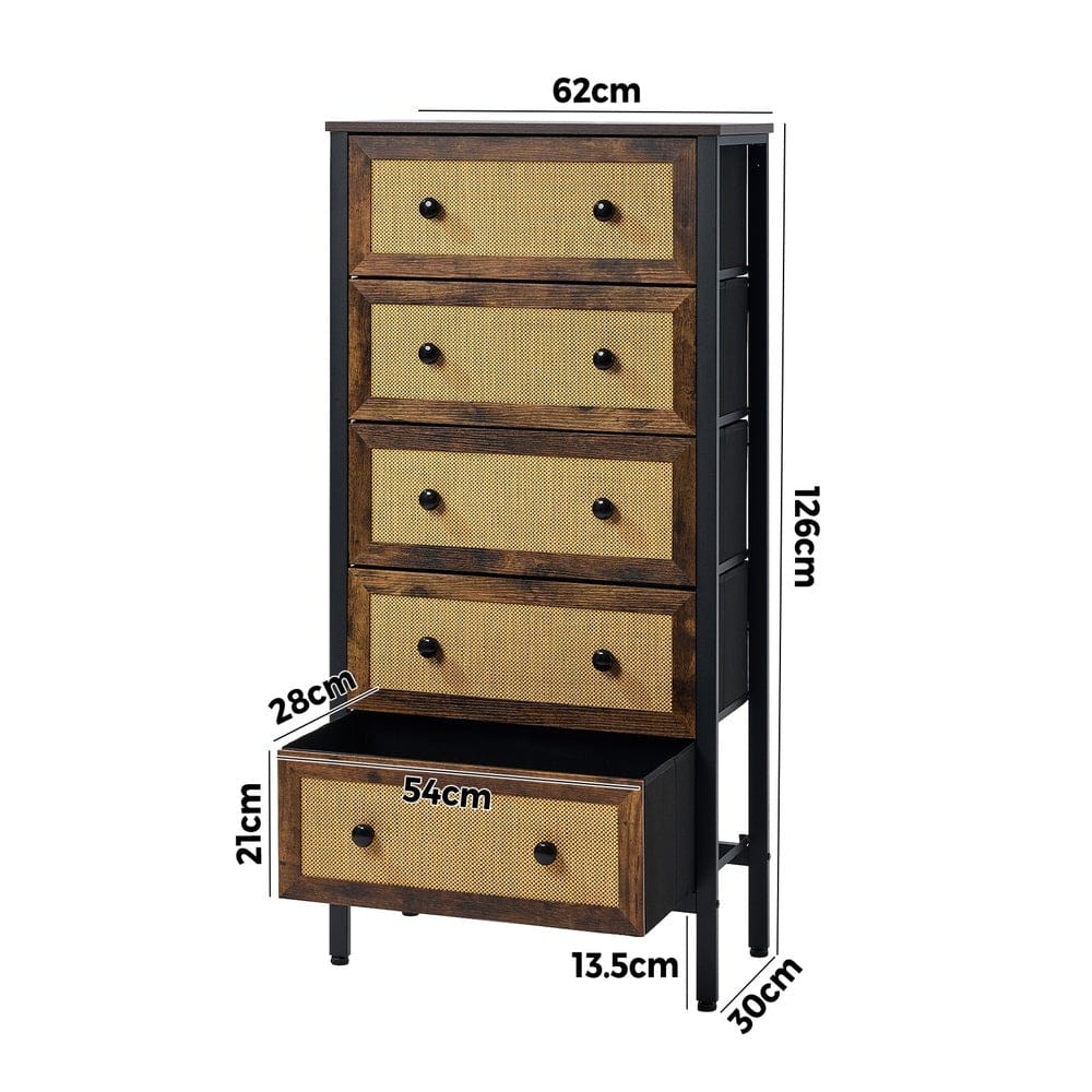 Oikiture Chest of Drawers VID 5 Chest of Drawers Rattan Fabric Dresser Tallboy