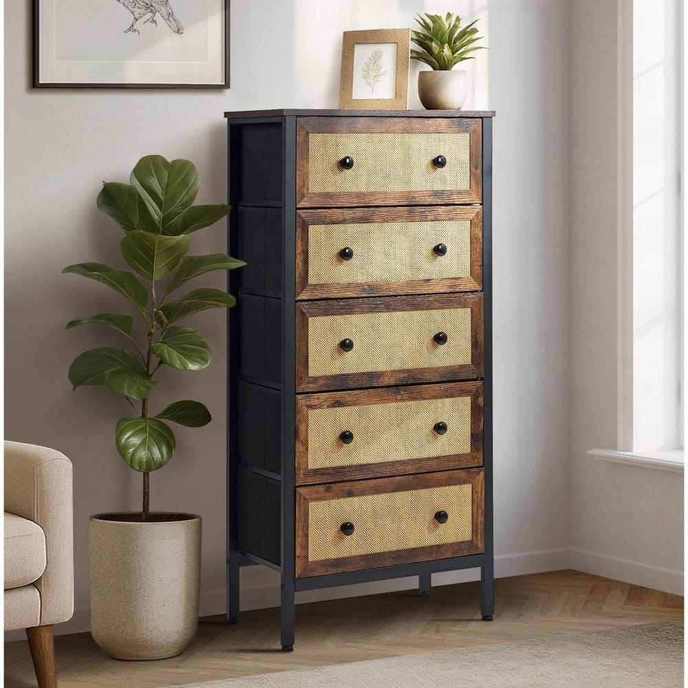 Oikiture Chest of Drawers VID 5 Chest of Drawers Rattan Fabric Dresser Tallboy