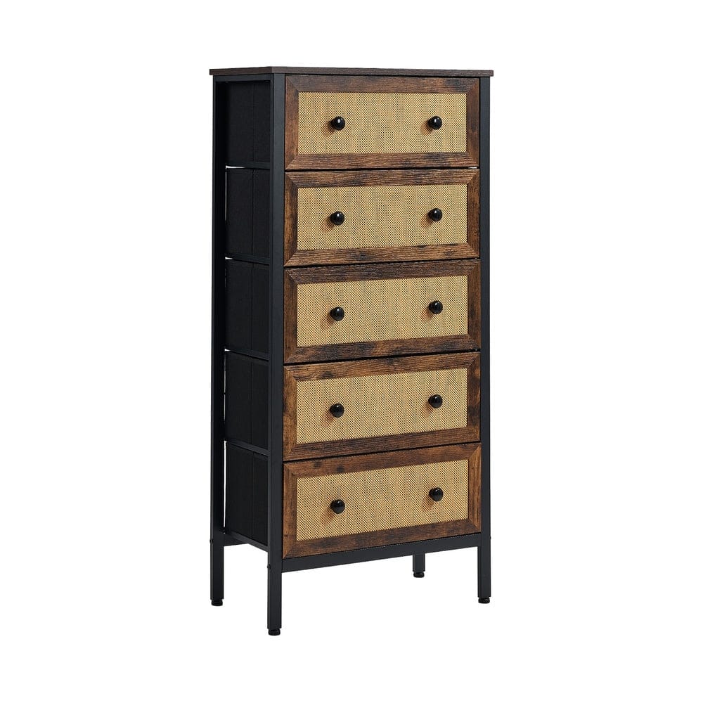 Oikiture Chest of Drawers VID 5 Chest of Drawers Rattan Fabric Dresser Tallboy