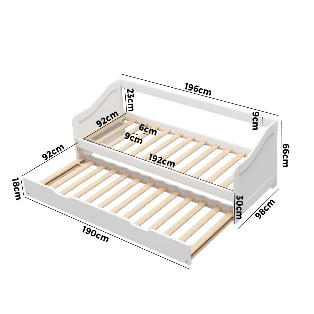 Oikiture Bedframe Zona Trundle Bed Frame Daybed Single Size Base Timber Wooden Kids Bed