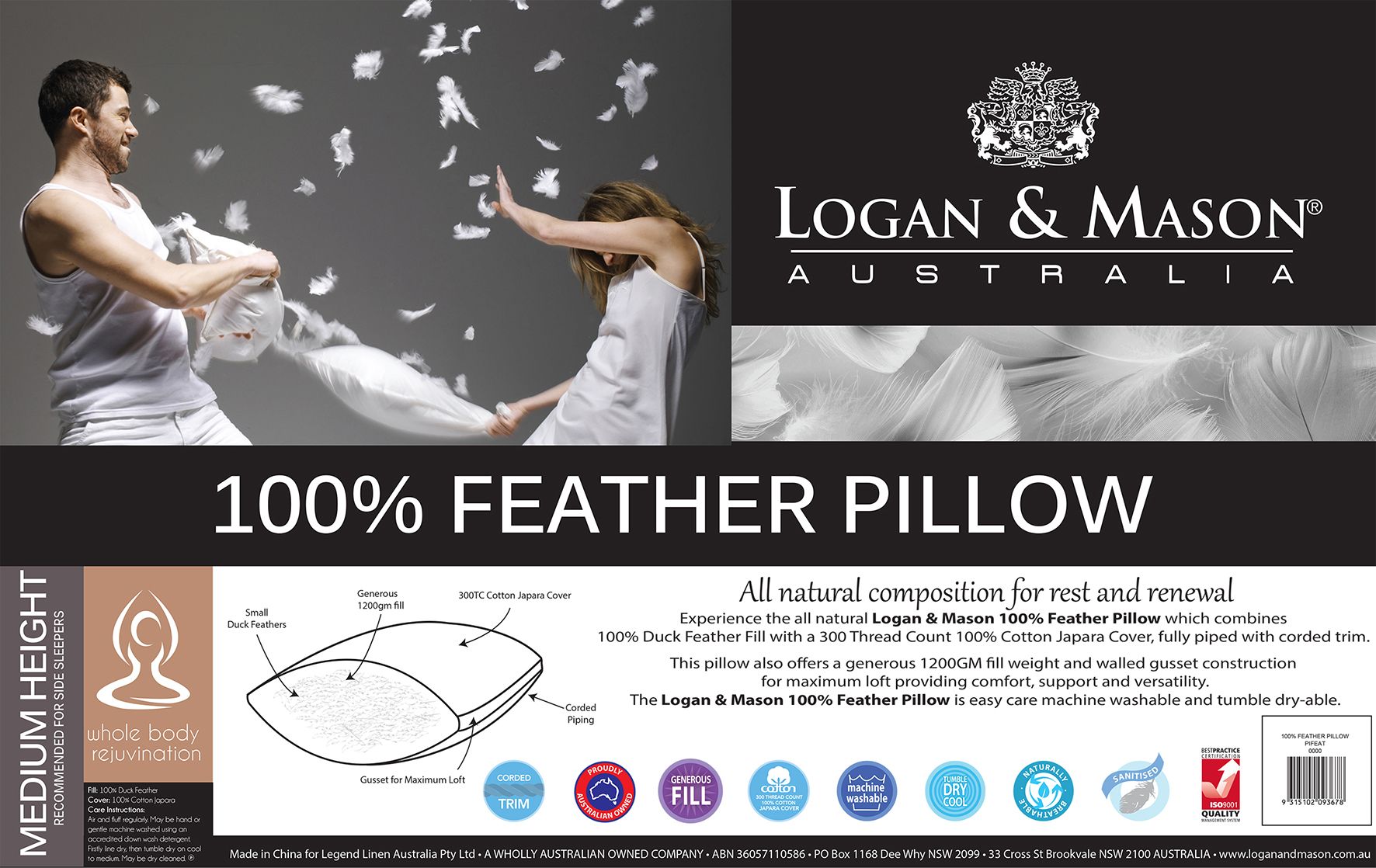 Logan & Mason 100% FEATHER Pillow STANDARD SIZE Logan & Mason
