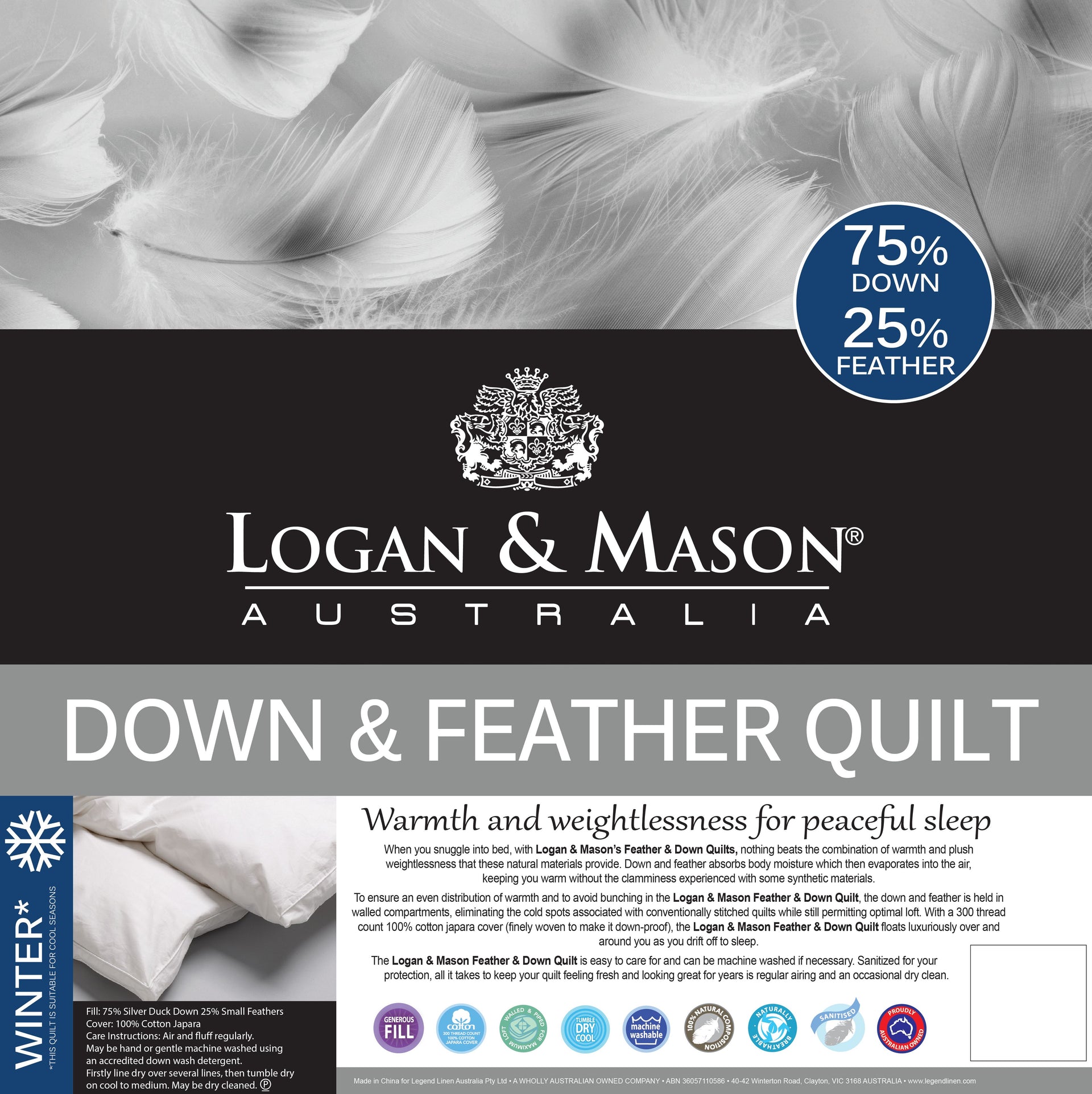 Logan & Mason 75% DUCK DOWN 25% DUCK FEATHER QUILT Logan & Mason