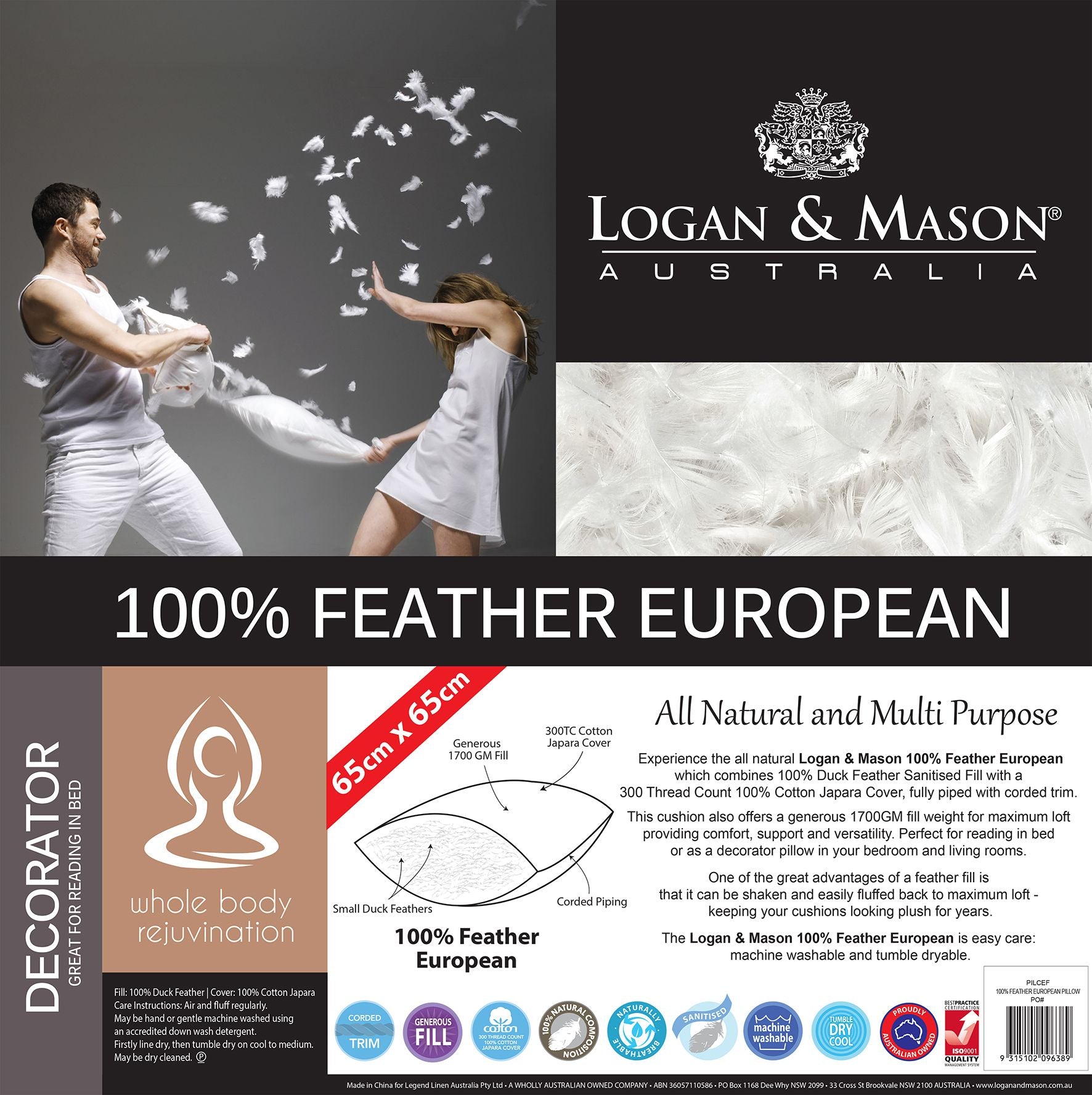 Logan & Mason 100% FEATHER Pillow EUROPEAN SIZE Logan & Mason