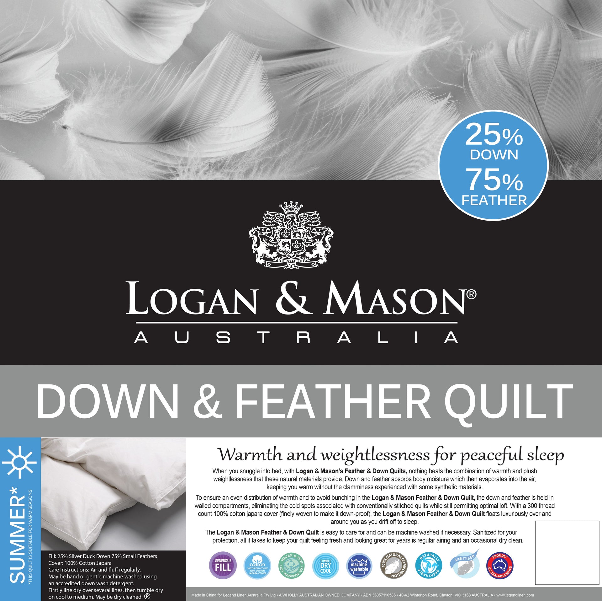 Logan & Mason 25% DUCK DOWN 75% DUCK FEATHER QUILT Logan & Mason