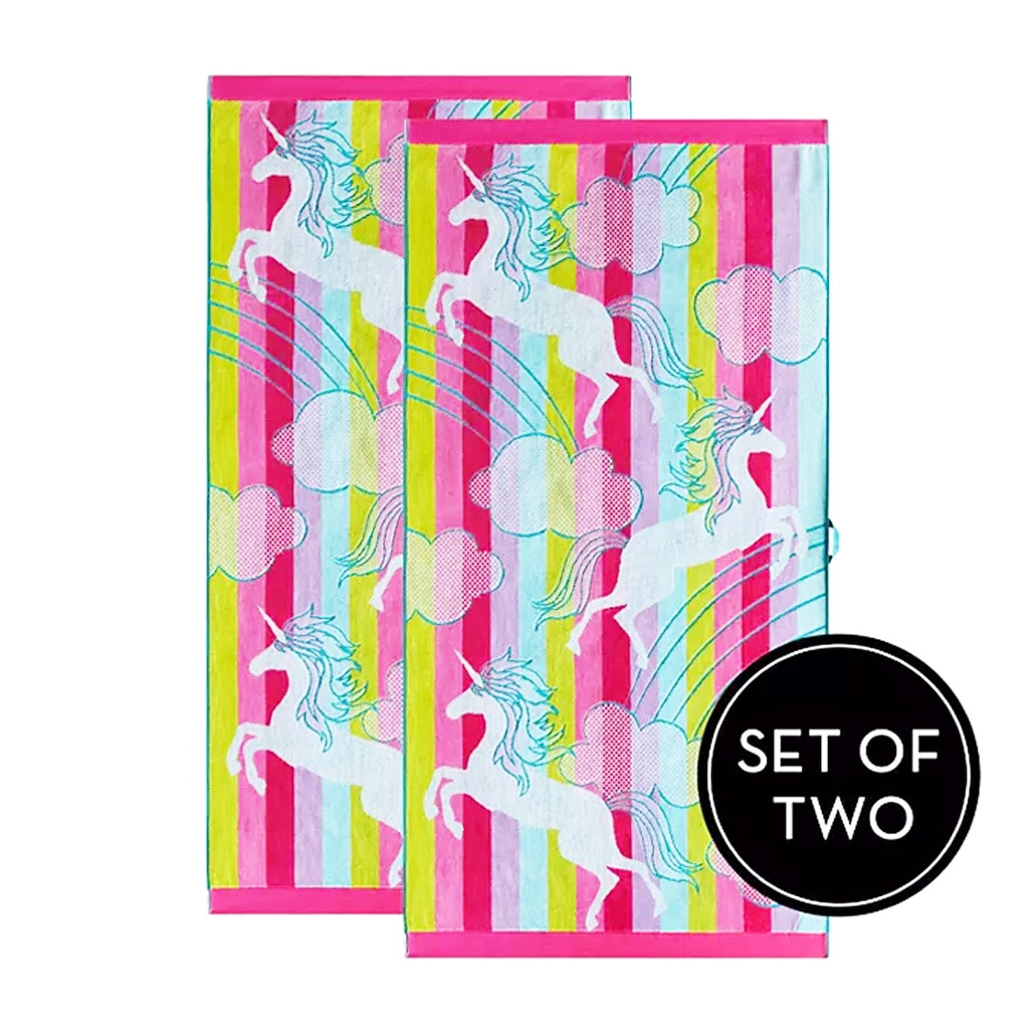 Renee Taylor Beach Towels 2 Pack Jacquard Velour Kids Beach Towel 75 x 150 cms Unicorn Rainbow