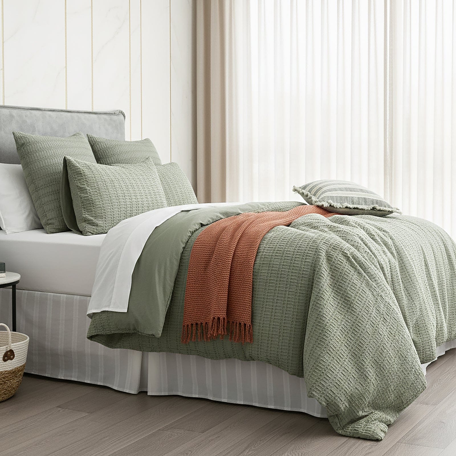 Renee Taylor Bed Sheets Cloud Linen Celeste Seersucker Cotton Waffle Quilt Cover Set