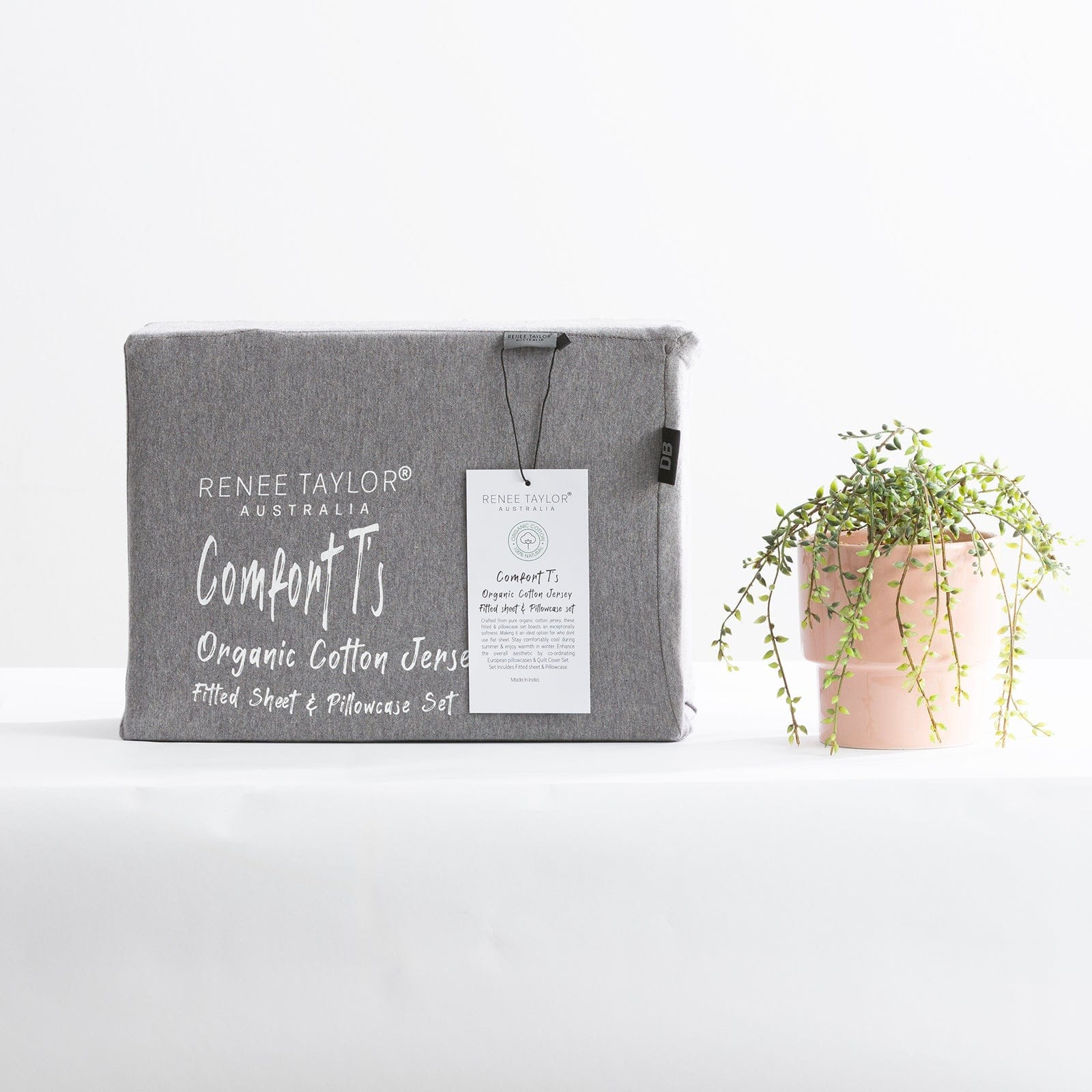 Renee Taylor Bed Sheets Comfort T’s Organic Melange Jersey Fitted & Pillowcase - No Flat Sheet - Charcoal