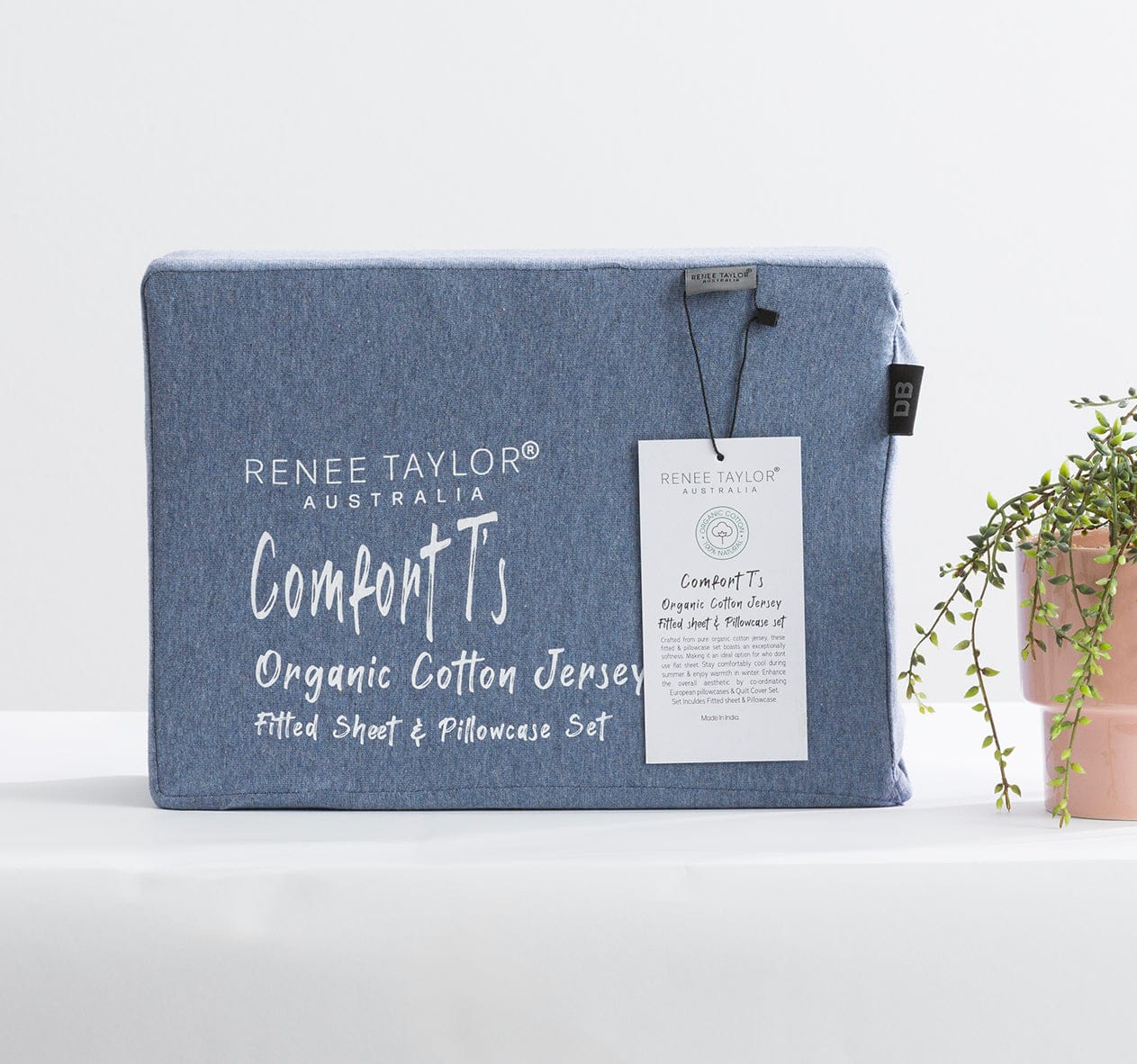 Renee Taylor Bed Sheets Comfort T’s Organic Melange Jersey Fitted & Pillowcase - No Flat Sheet - Ink