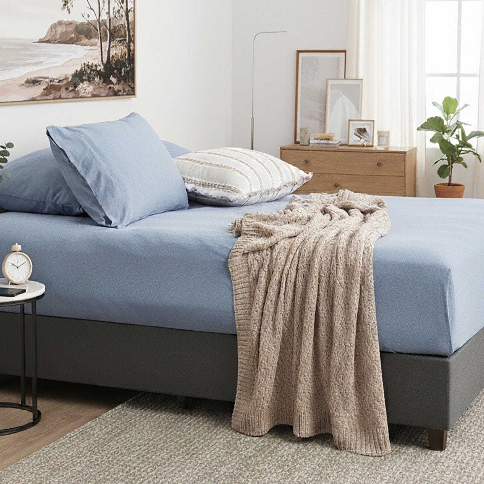 Renee Taylor Bed Sheets Comfort T’s Organic Melange Jersey Fitted & Pillowcase - No Flat Sheet - Ink