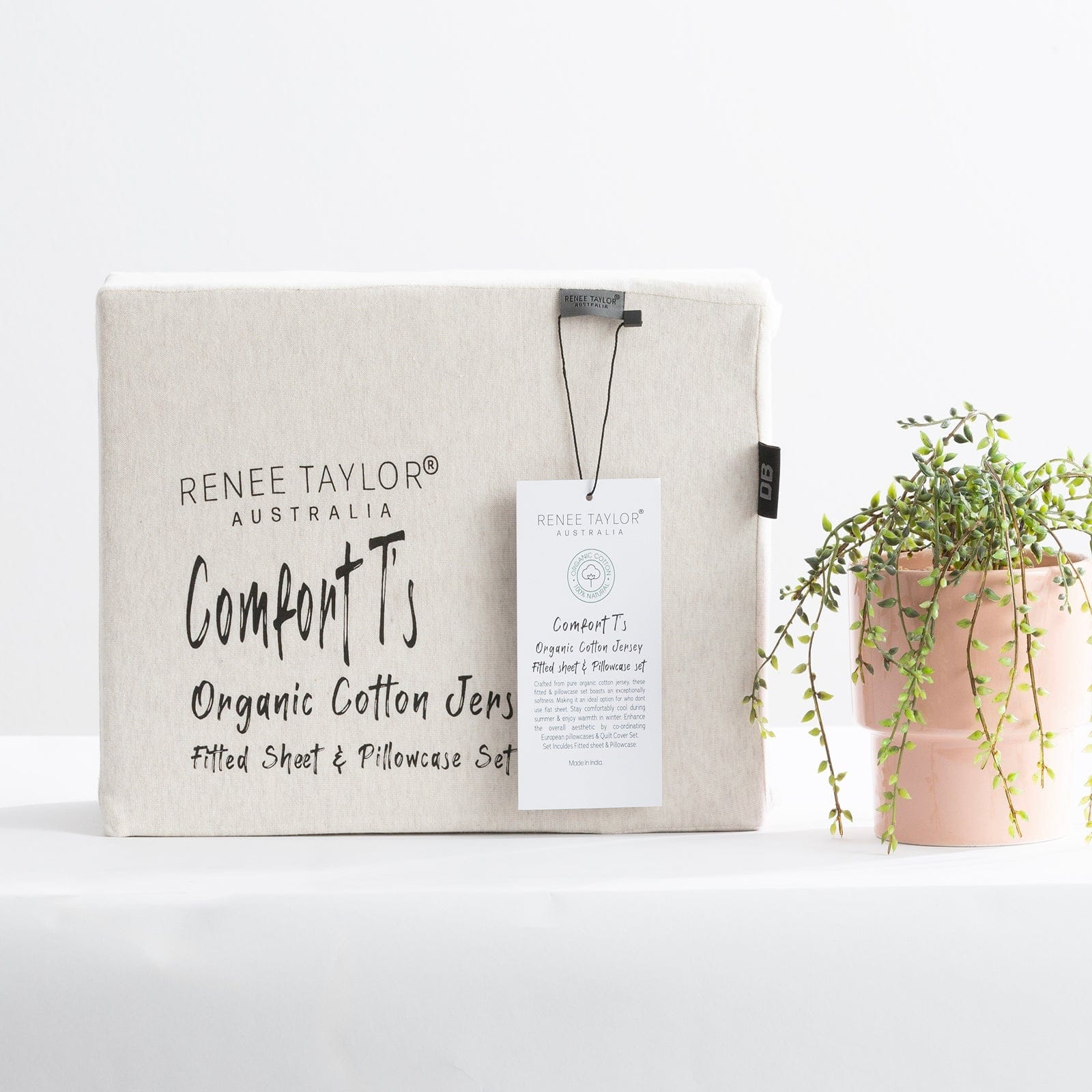 Renee Taylor Bed Sheets Comfort T’s Organic Melange Jersey Fitted & Pillowcase - No Flat Sheet - Oatmeal
