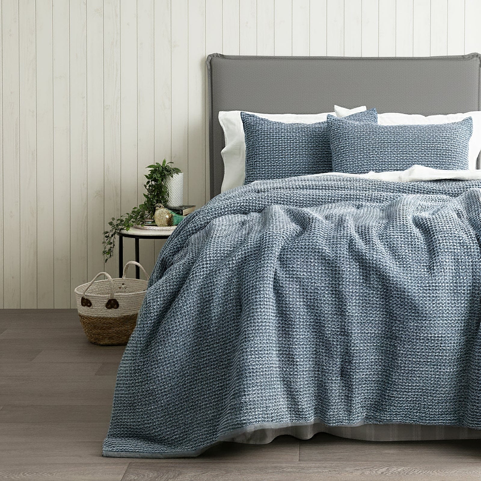 Renee Taylor Bed Sheets Denim / Double/Queen Cloud Linen Boronia Stone Washed Cotton Waffle Comforter Set